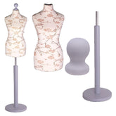 Display Guru Female Uk Size 6/8 Dressmakers Tailors Dummy Mannequin , Brown flower on cream Torso Bust with Silver Wood Round Base